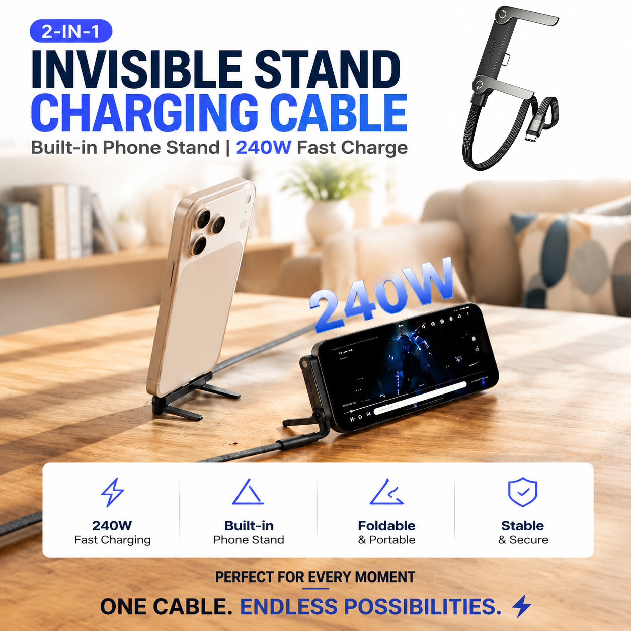 ⚡Official Authorized |2-in-1Invisible HolderCharger Cable - 240wFast Charging Cord withBuilt-In Phone Stand
