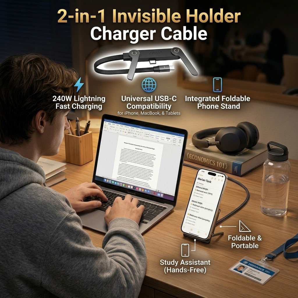 ⚡Official Authorized |2-in-1Invisible HolderCharger Cable - 240wFast Charging Cord withBuilt-In Phone Stand