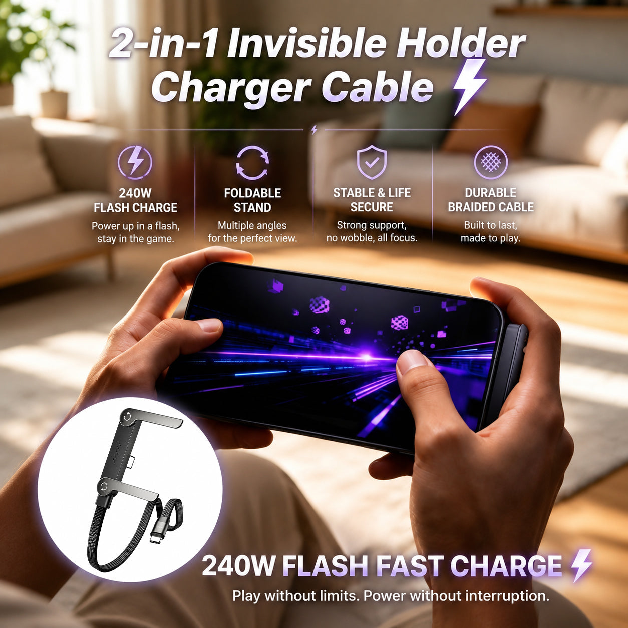 ⚡Official Authorized |2-in-1Invisible HolderCharger Cable - 240wFast Charging Cord withBuilt-In Phone Stand
