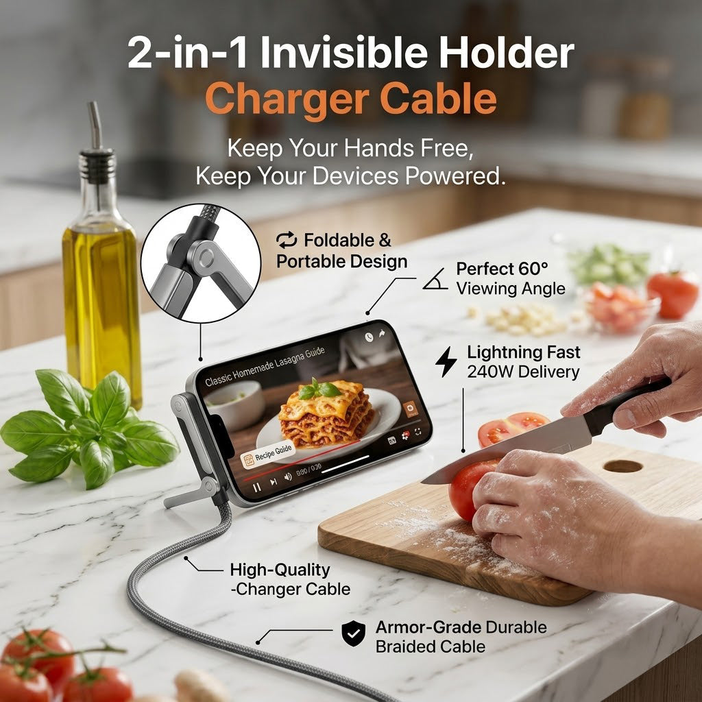 ⚡Official Authorized |2-in-1Invisible HolderCharger Cable - 240wFast Charging Cord withBuilt-In Phone Stand