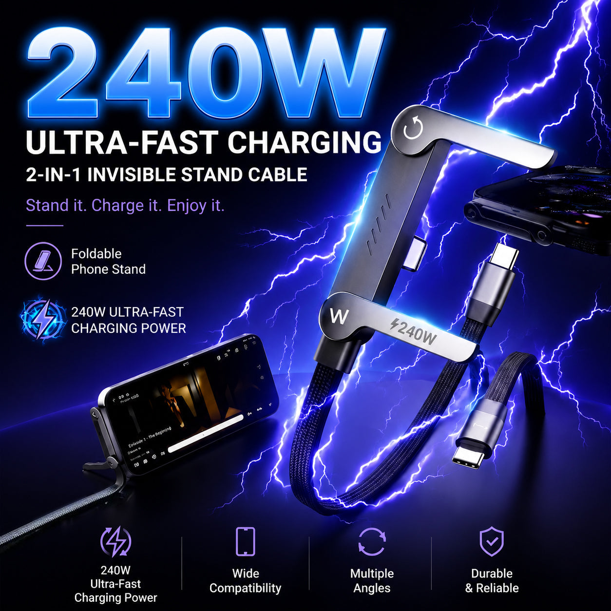 ⚡Official Authorized |2-in-1Invisible HolderCharger Cable - 240wFast Charging Cord withBuilt-In Phone Stand