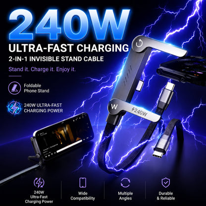 ⚡Official Authorized |2-in-1Invisible HolderCharger Cable - 240wFast Charging Cord withBuilt-In Phone Stand